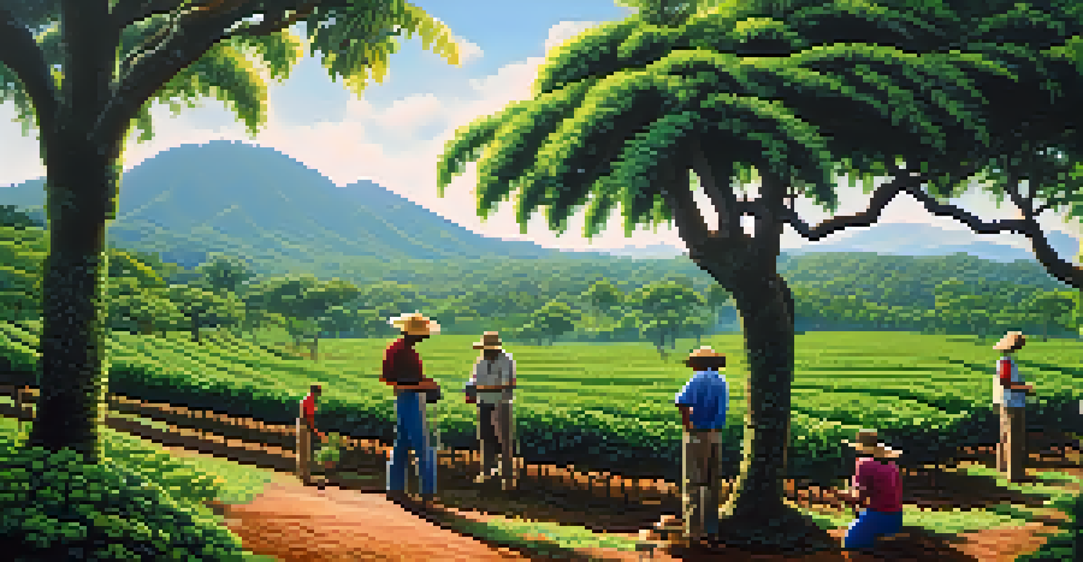 A beautiful outdoor coffee farm with shade-grown plants, colorful flowers, and farmers harvesting coffee cherries under a clear sky.