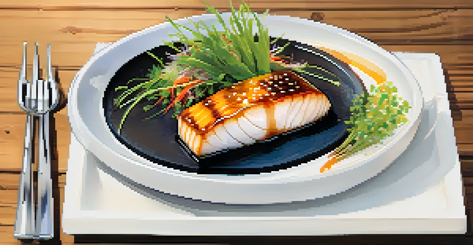 A beautifully plated dish of miso-glazed black cod with vegetables and microgreens on a wooden table.