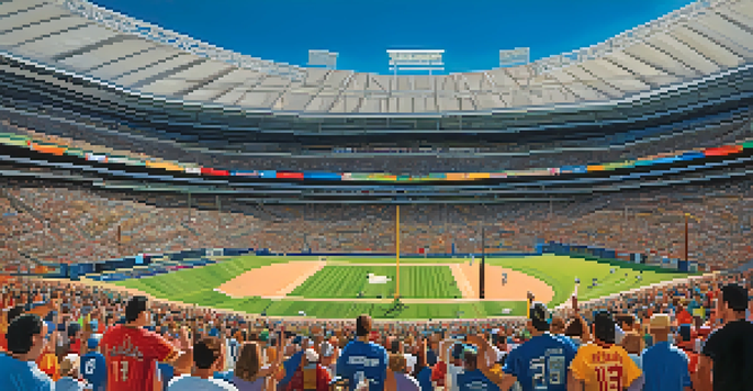 A crowded stadium filled with fans wearing team jerseys, colorful banners waving, and a bright blue sky overhead during a sports event in Phoenix.