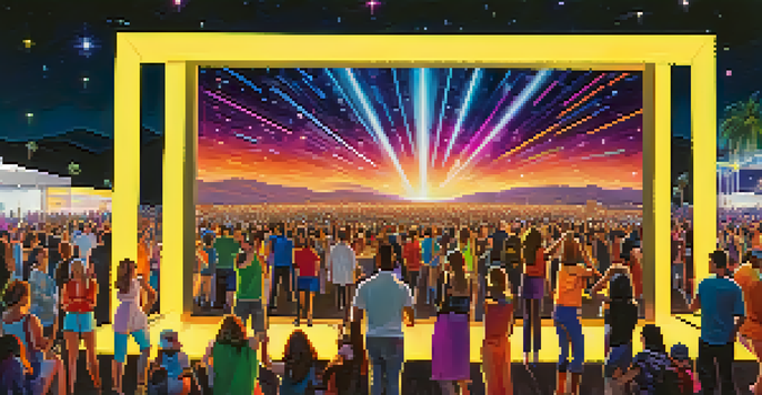 A lively outdoor festival scene with people dancing under colorful lights and a starry sky.