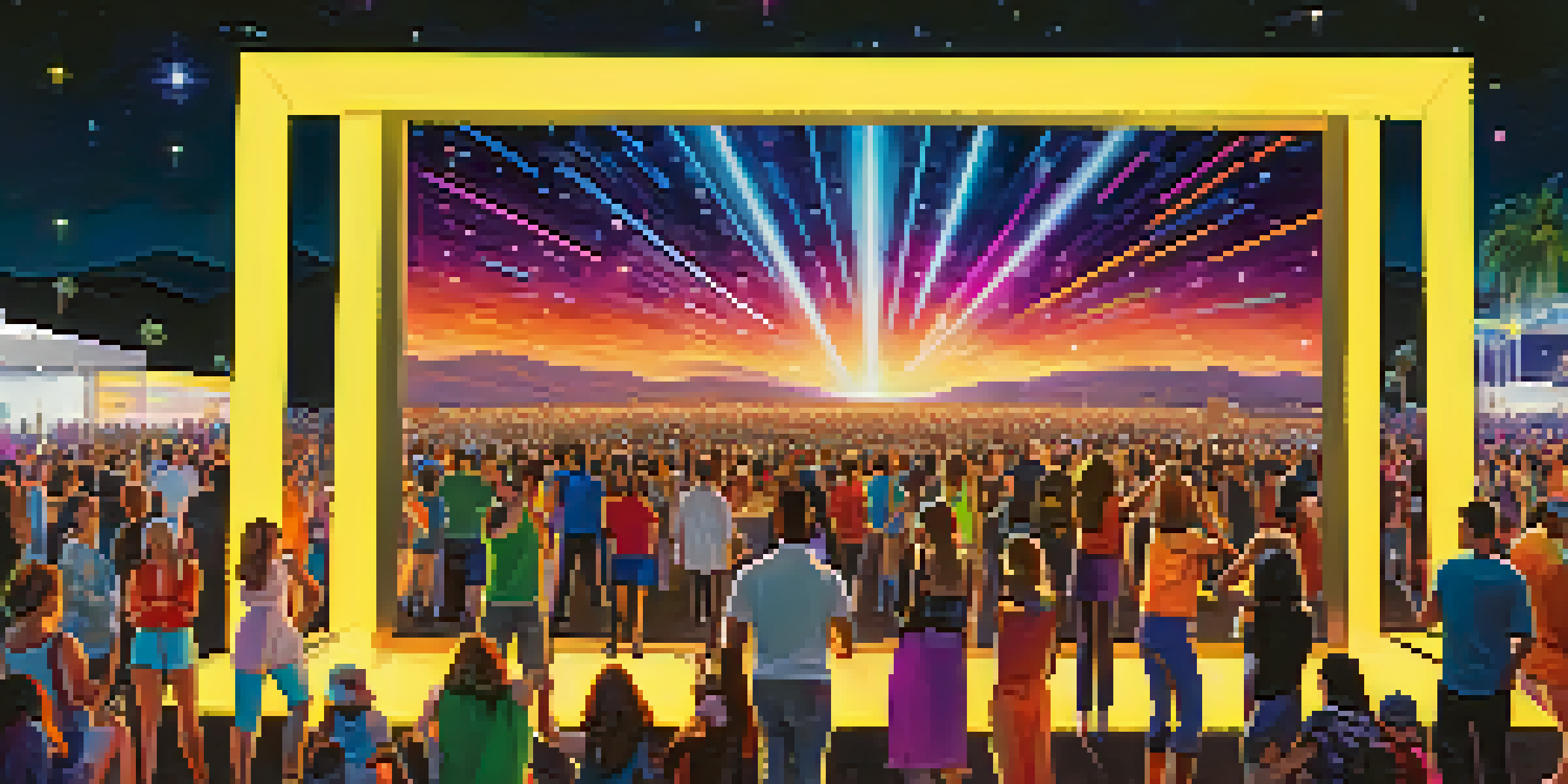 A lively outdoor festival scene with people dancing under colorful lights and a starry sky.