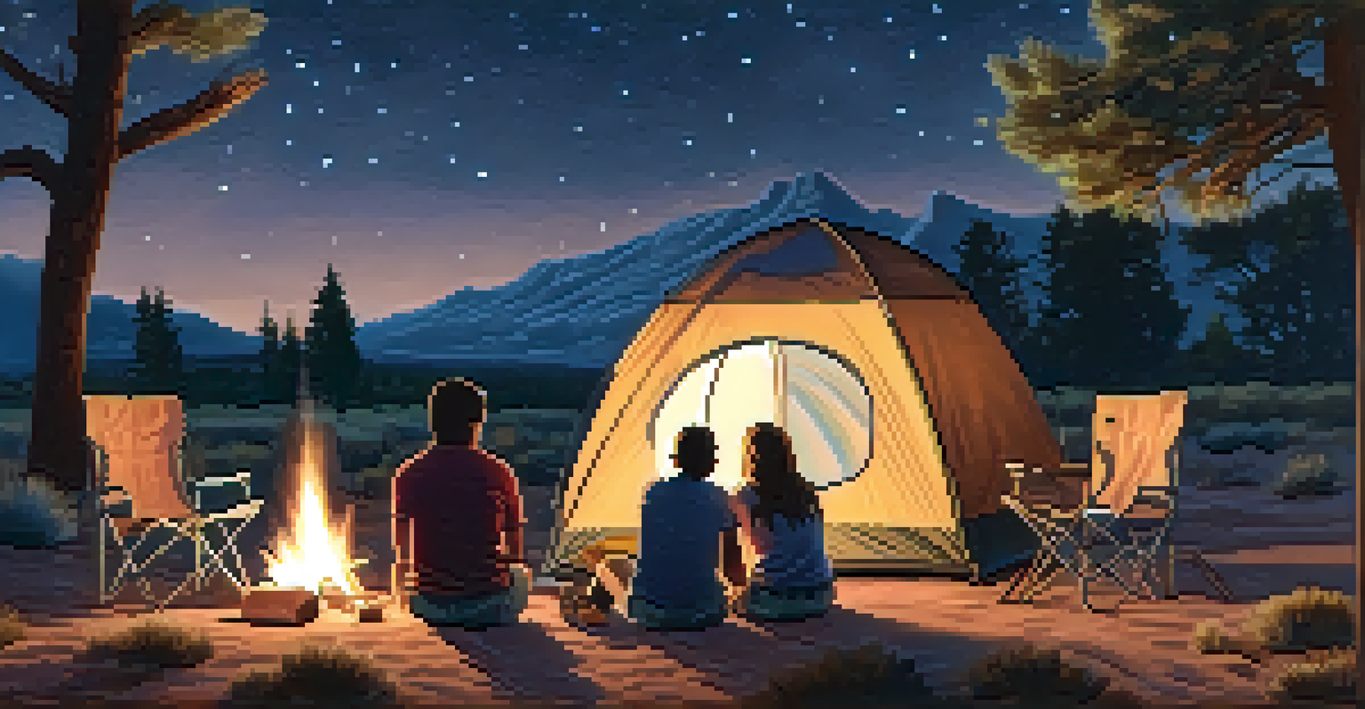A family stargazing at a campsite in Arizona, surrounded by a campfire and trees under a starry sky.