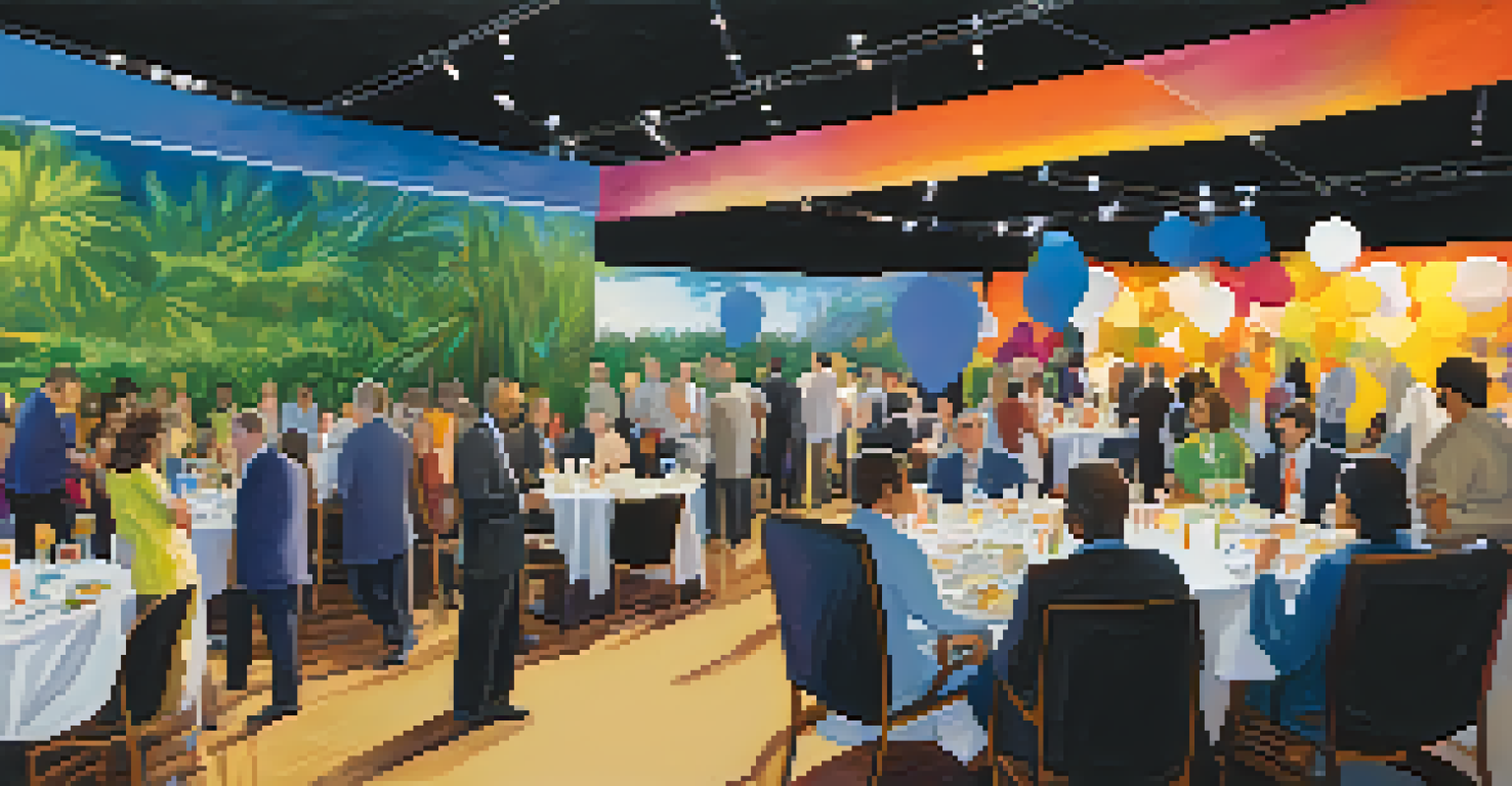 A lively networking event in Phoenix with attendees mingling and discussing ideas over refreshments in a colorful setting.
