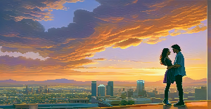 A modern 'Romeo and Juliet' scene with two young lovers on a Phoenix rooftop at sunset.