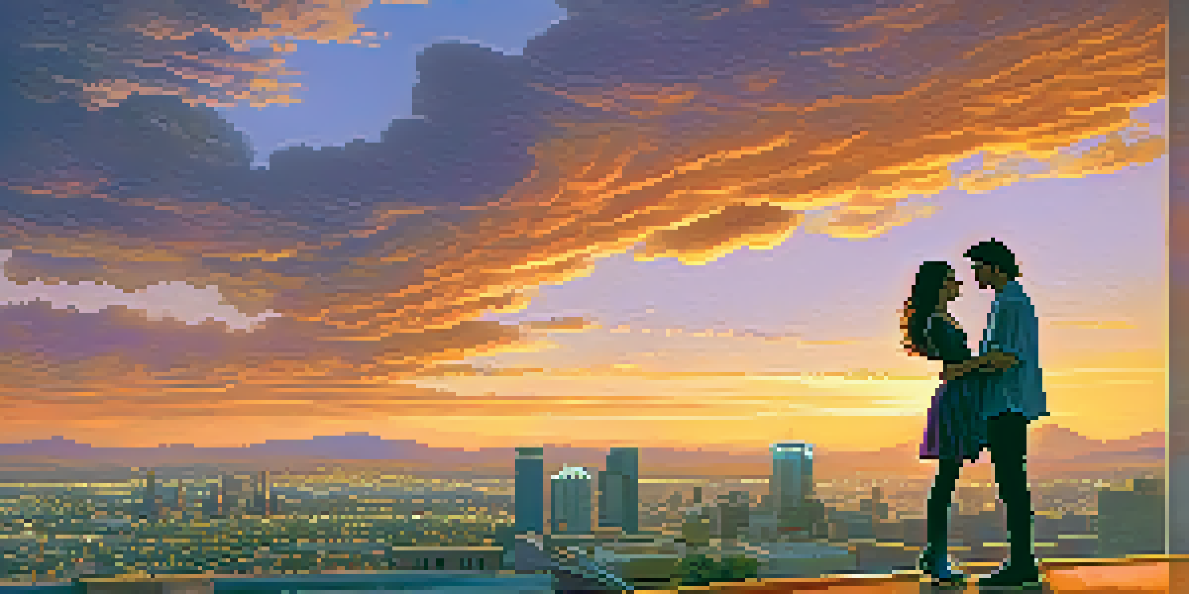 A modern 'Romeo and Juliet' scene with two young lovers on a Phoenix rooftop at sunset.