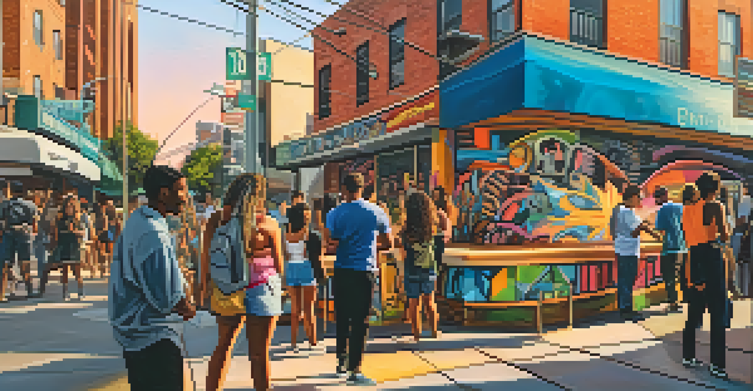A vibrant arts district with colorful murals and local artists interacting with visitors, illuminated by warm sunset light.