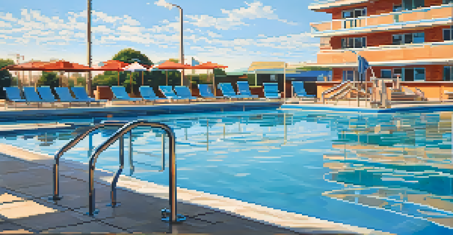 Close-up of a clear public pool water surface reflecting the sky, with a lifeguard chair in the background.