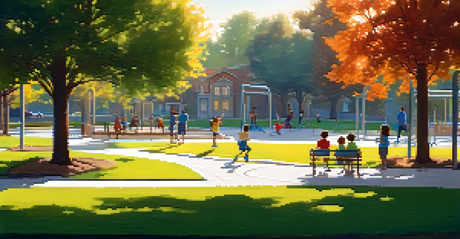 Families enjoying Crescent Park, with children playing on the playground and parents relaxing, set in a peaceful, evening atmosphere.