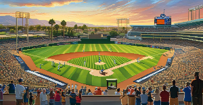 A lively scene of fans at a baseball stadium in Phoenix during spring training, with players practicing and sunset in the background.