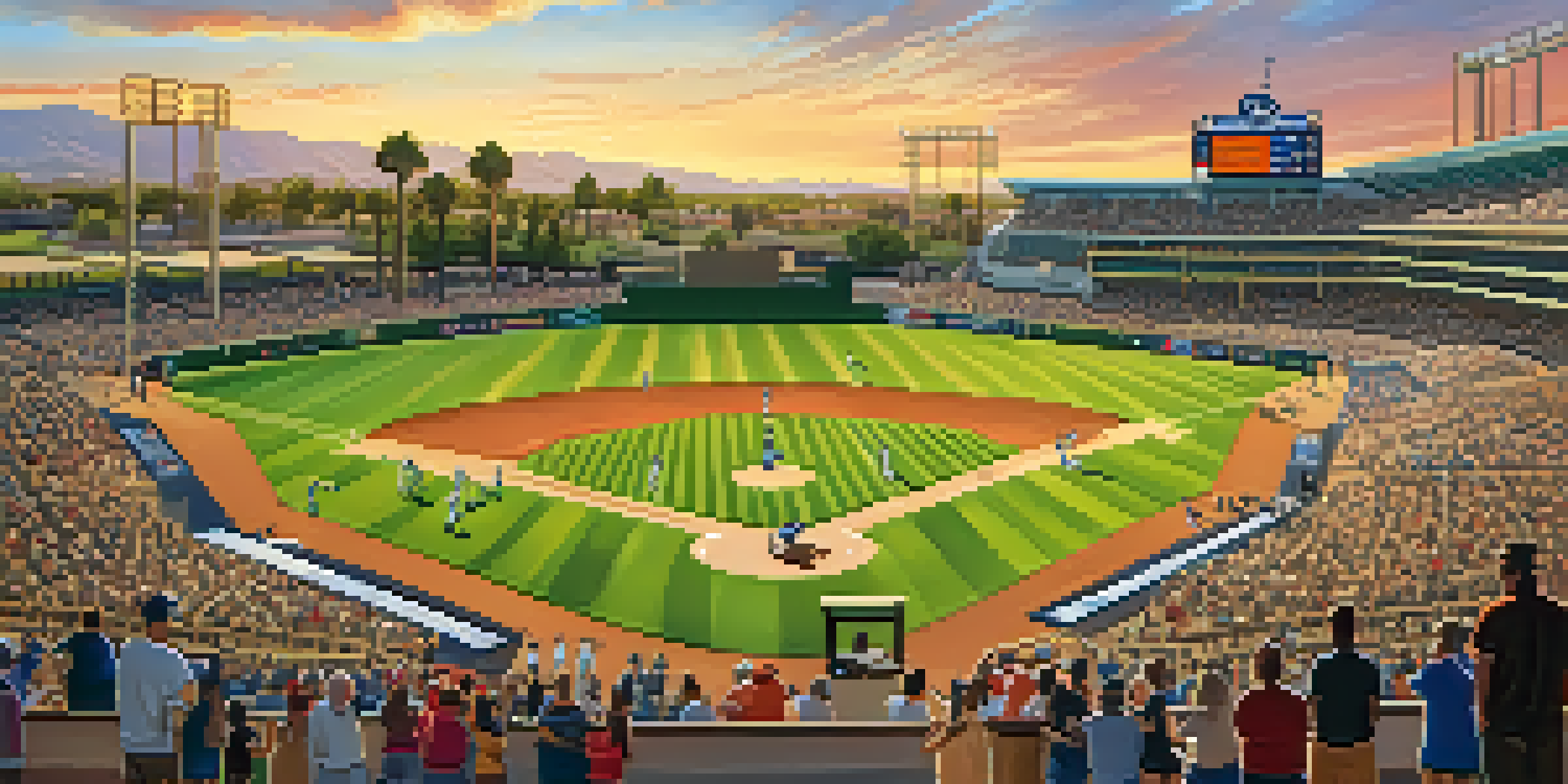 A lively scene of fans at a baseball stadium in Phoenix during spring training, with players practicing and sunset in the background.