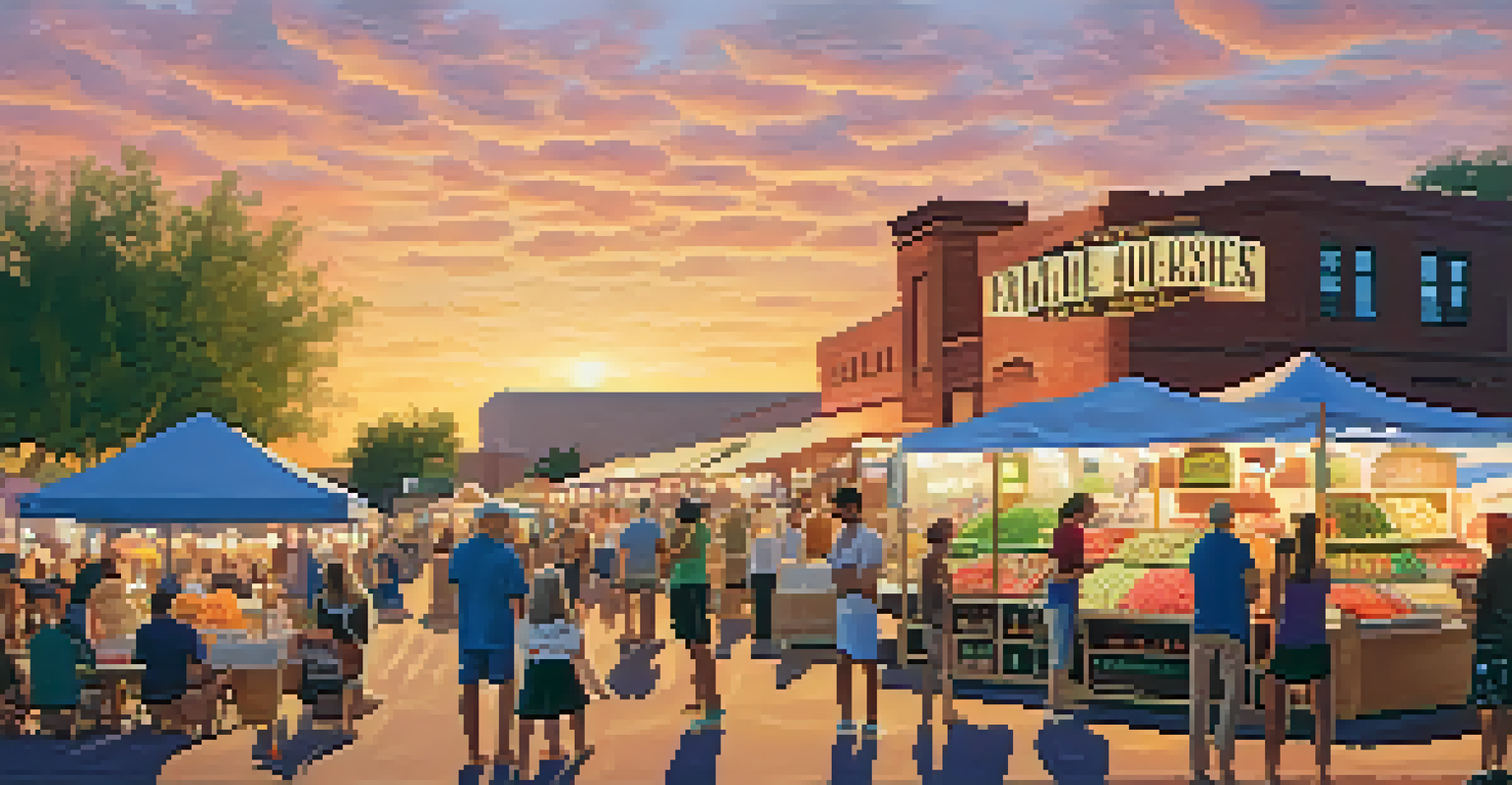A summer evening farmers' market in Phoenix with vendors selling treats and shoppers enjoying the sunset.