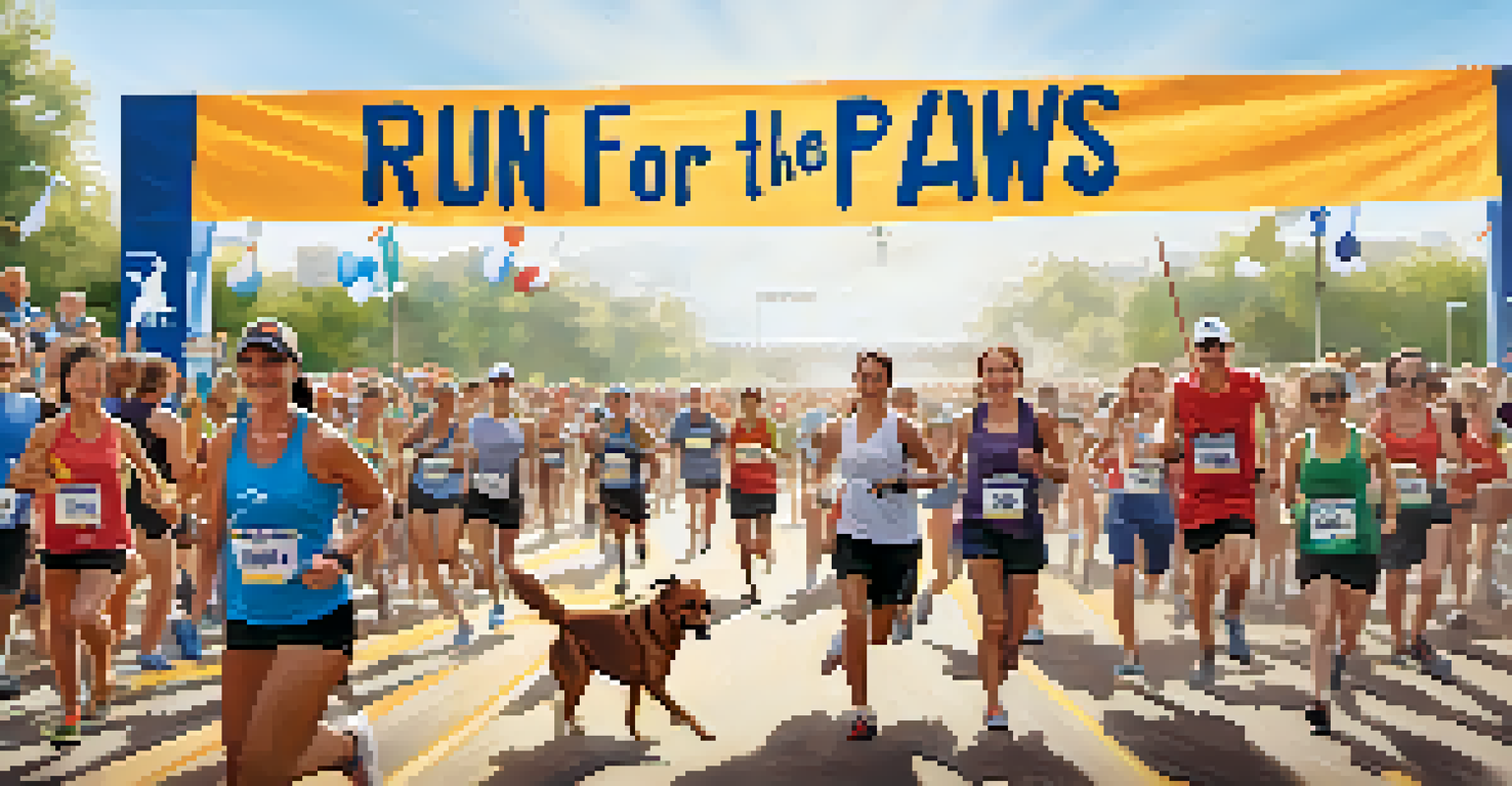 Participants and their dogs crossing the finish line at the Run for the Paws event, celebrating local animal shelters.
