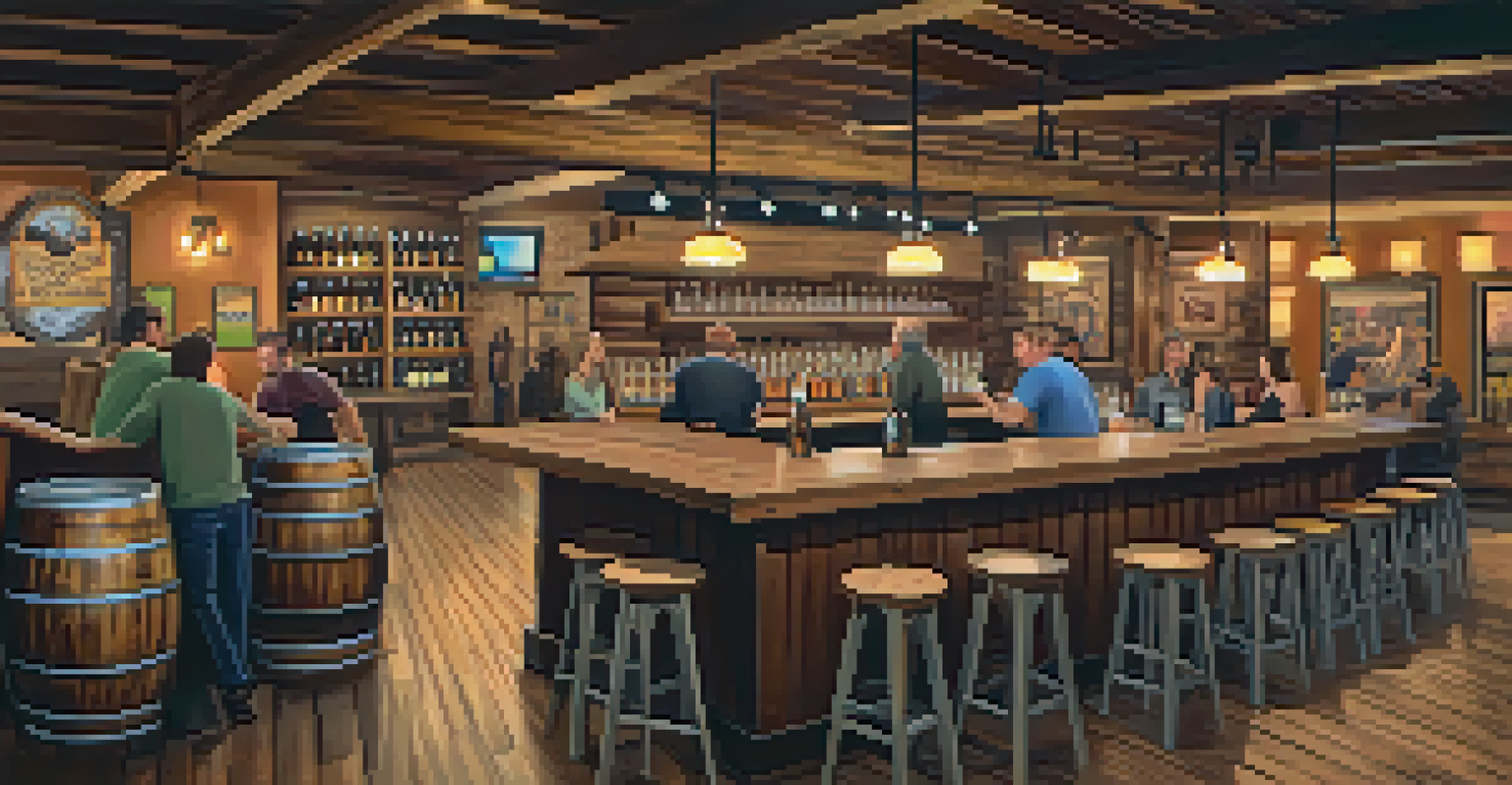 A cozy brewery interior with a wooden bar and patrons enjoying seasonal ales in warm lighting.