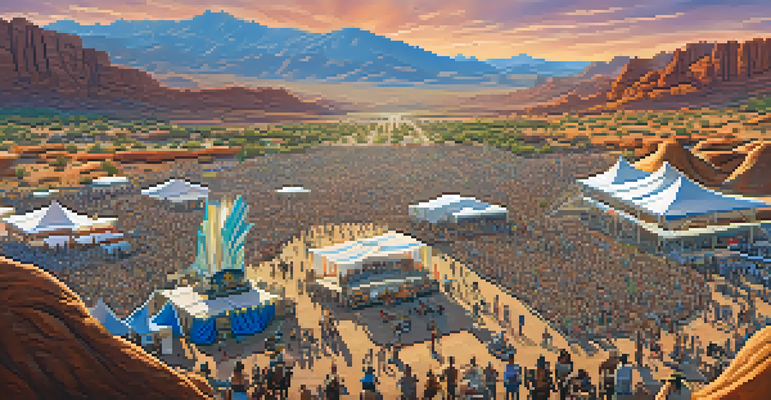 Aerial view of the Goldrush electronic music festival in the Arizona desert with a cowboy theme and large crowds.