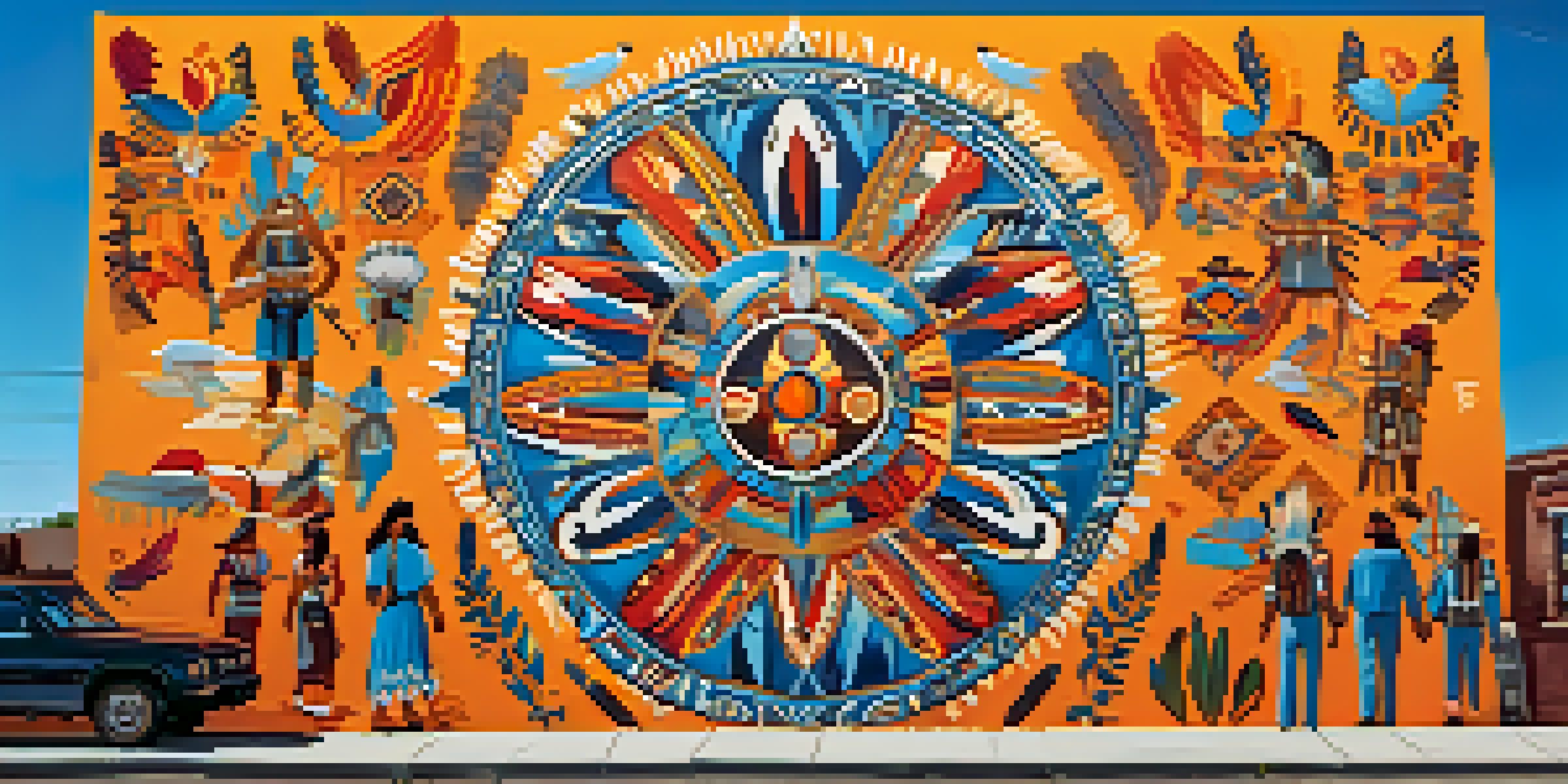 A colorful community mural that features Native American and Mexican designs, with people admiring the artwork under a bright blue sky.