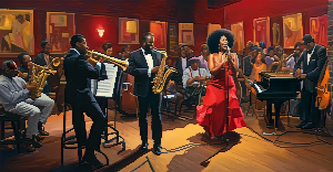 A diverse group of musicians performing jazz on stage at The Nash, with an audience enjoying the music in a cozy atmosphere.