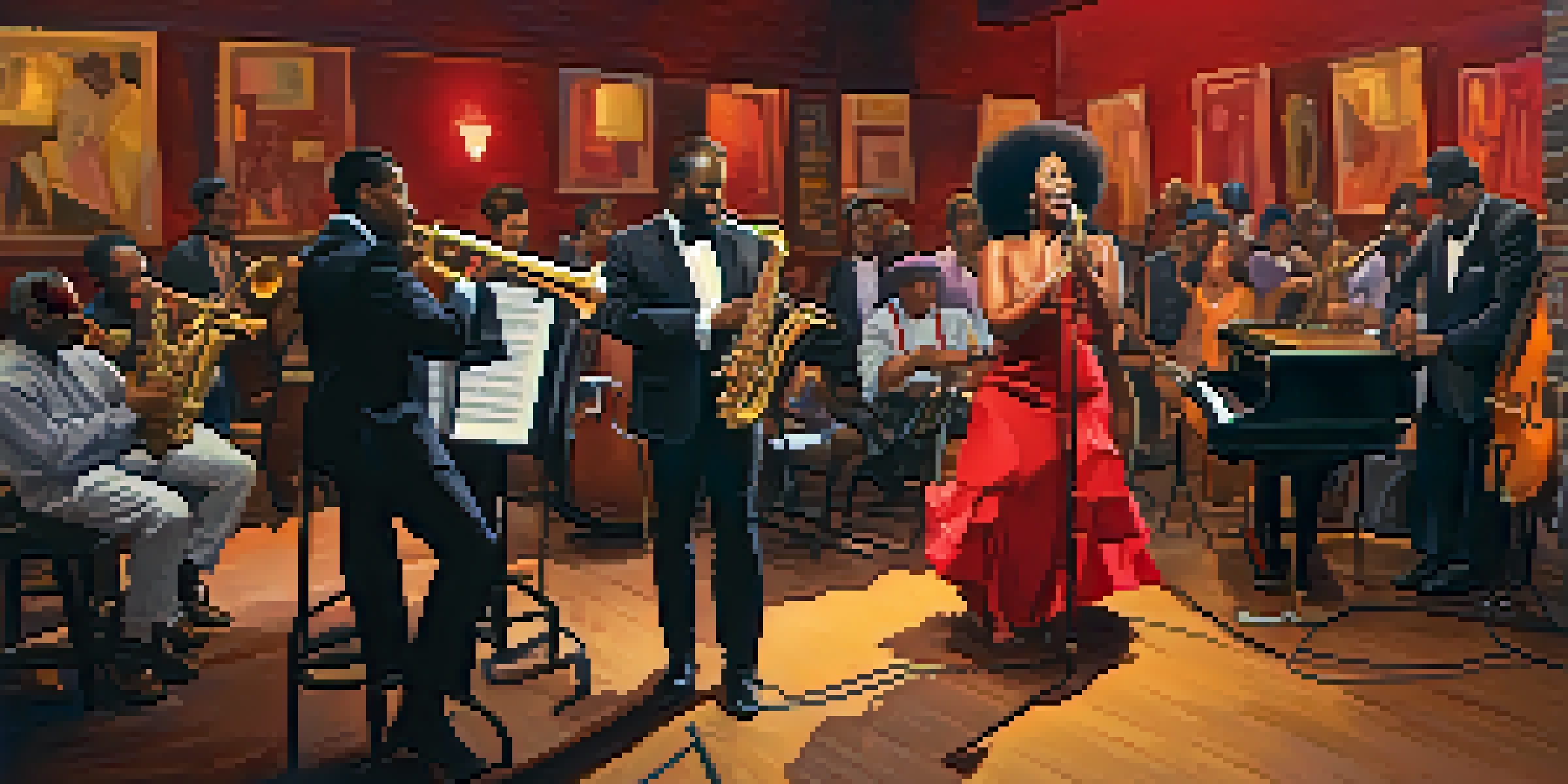 A diverse group of musicians performing jazz on stage at The Nash, with an audience enjoying the music in a cozy atmosphere.