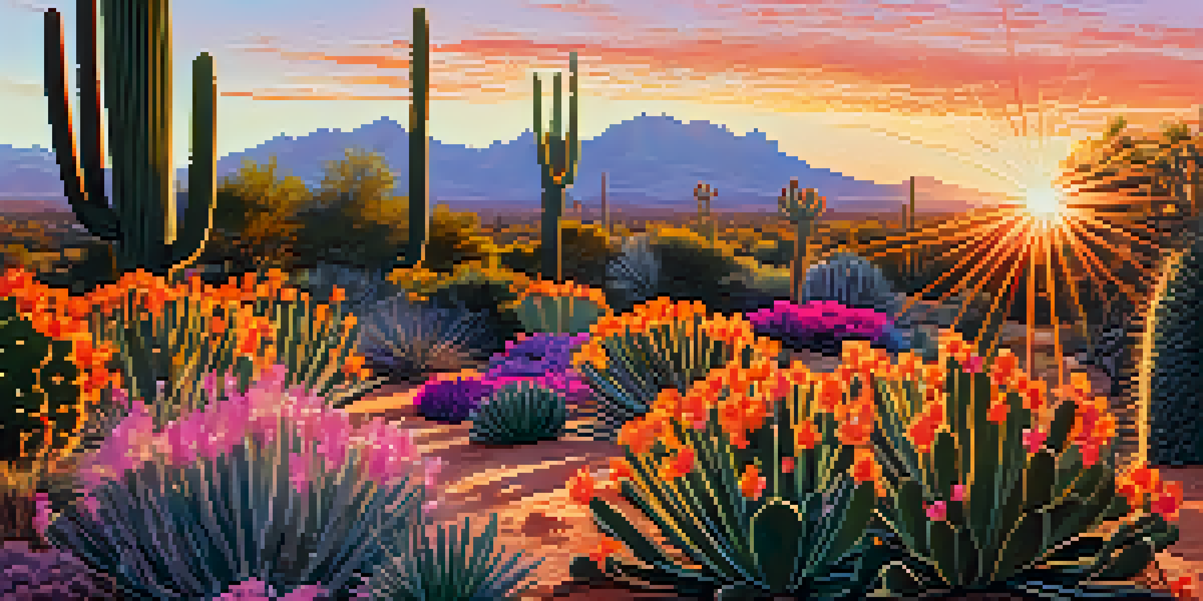 A beautiful sunrise illuminating the Desert Botanical Garden, featuring colorful flowers and cacti under warm sunlight.