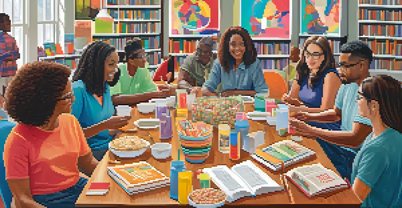A diverse group of people at a library book club discussion with books and snacks.