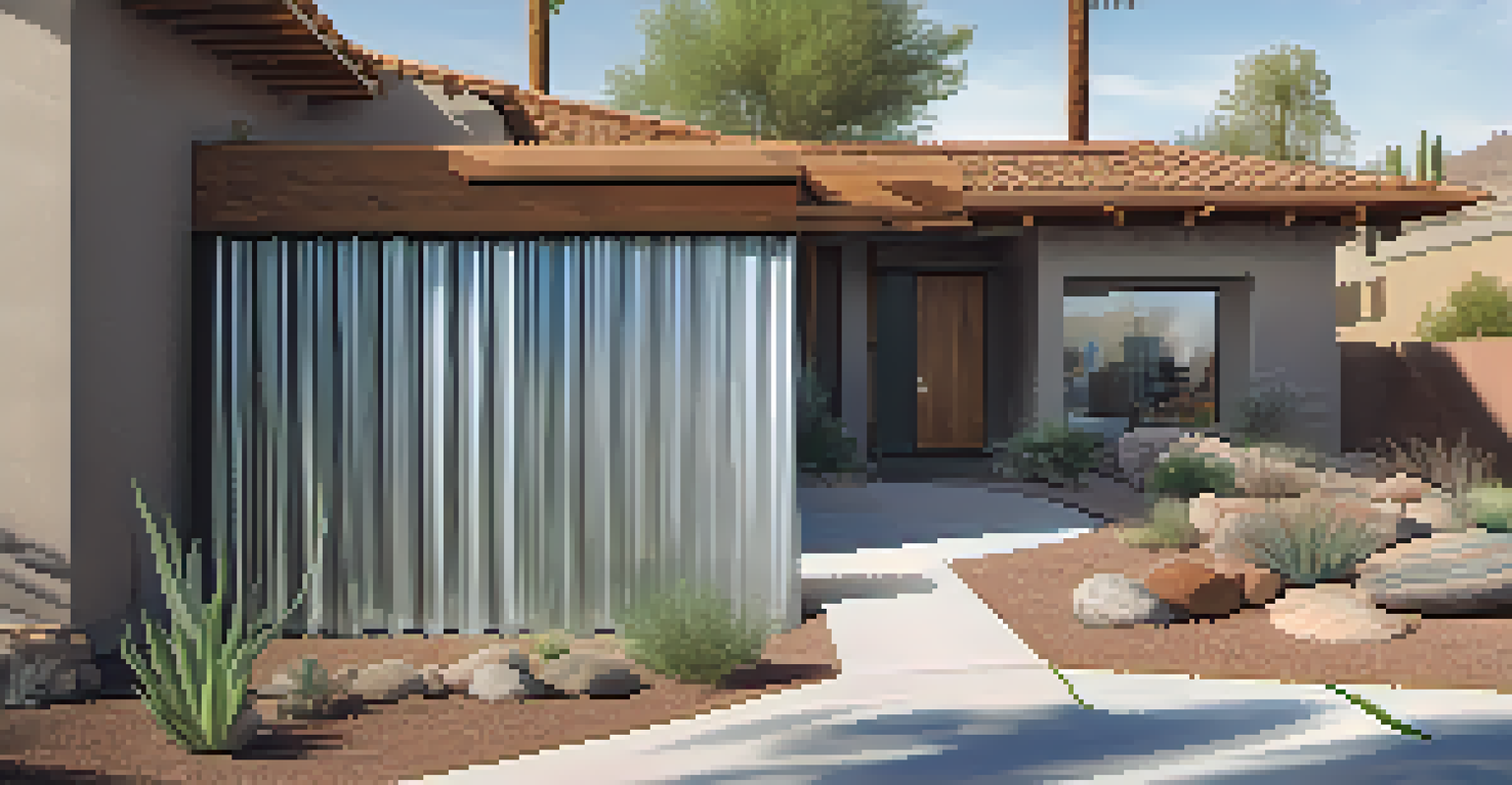 A detailed view of a rainwater harvesting system at a modern home in a desert environment.
