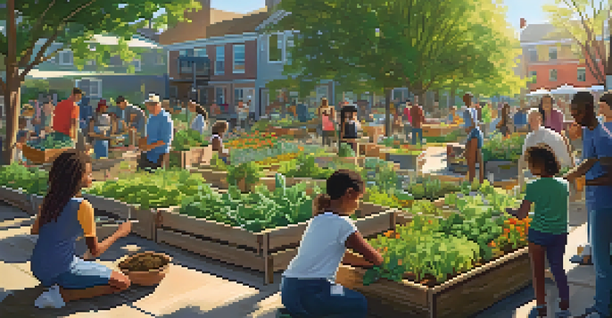 A diverse group of people working together in a colorful community garden, planting vegetables and herbs under warm sunlight.