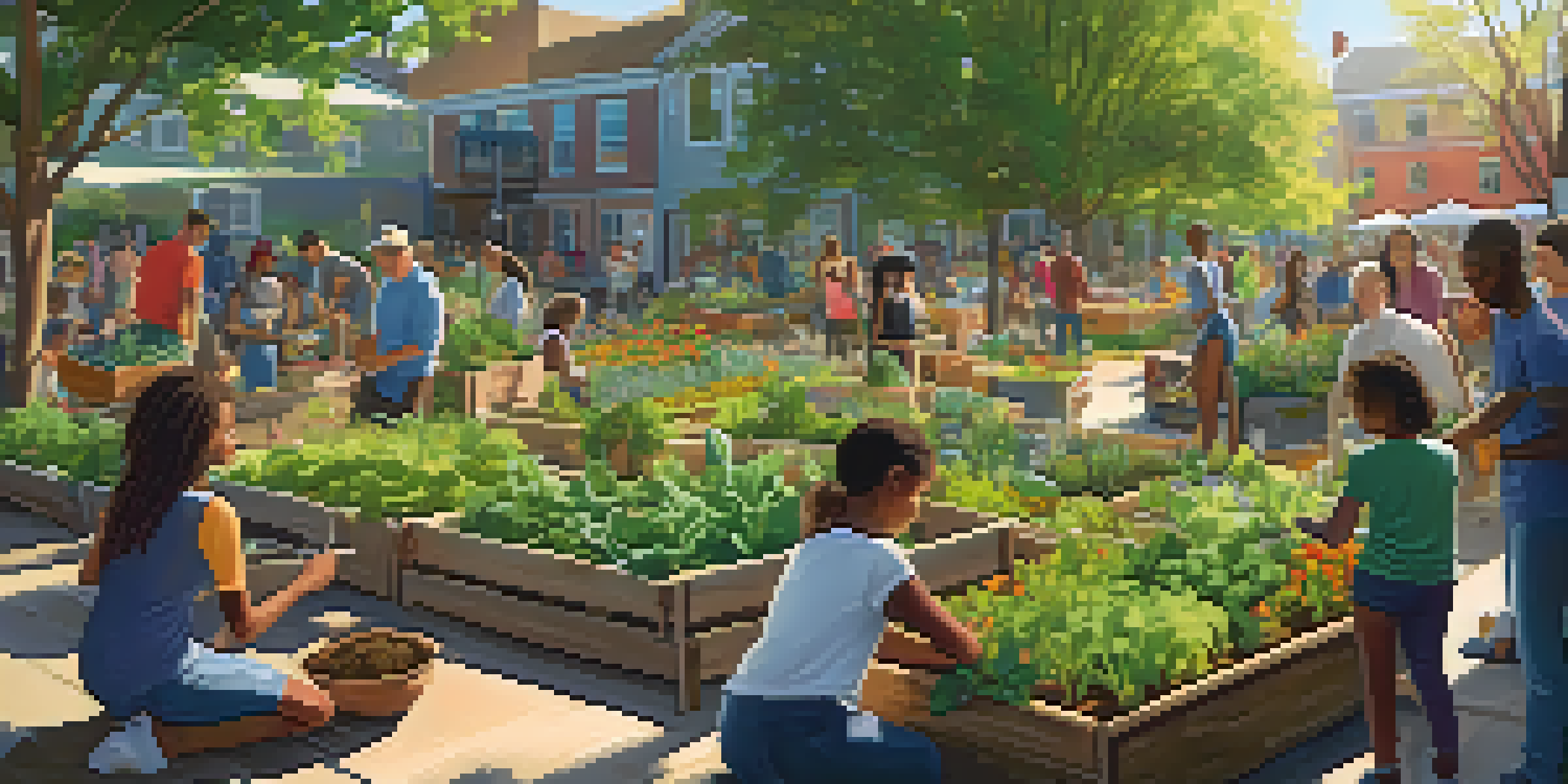 A diverse group of people working together in a colorful community garden, planting vegetables and herbs under warm sunlight.