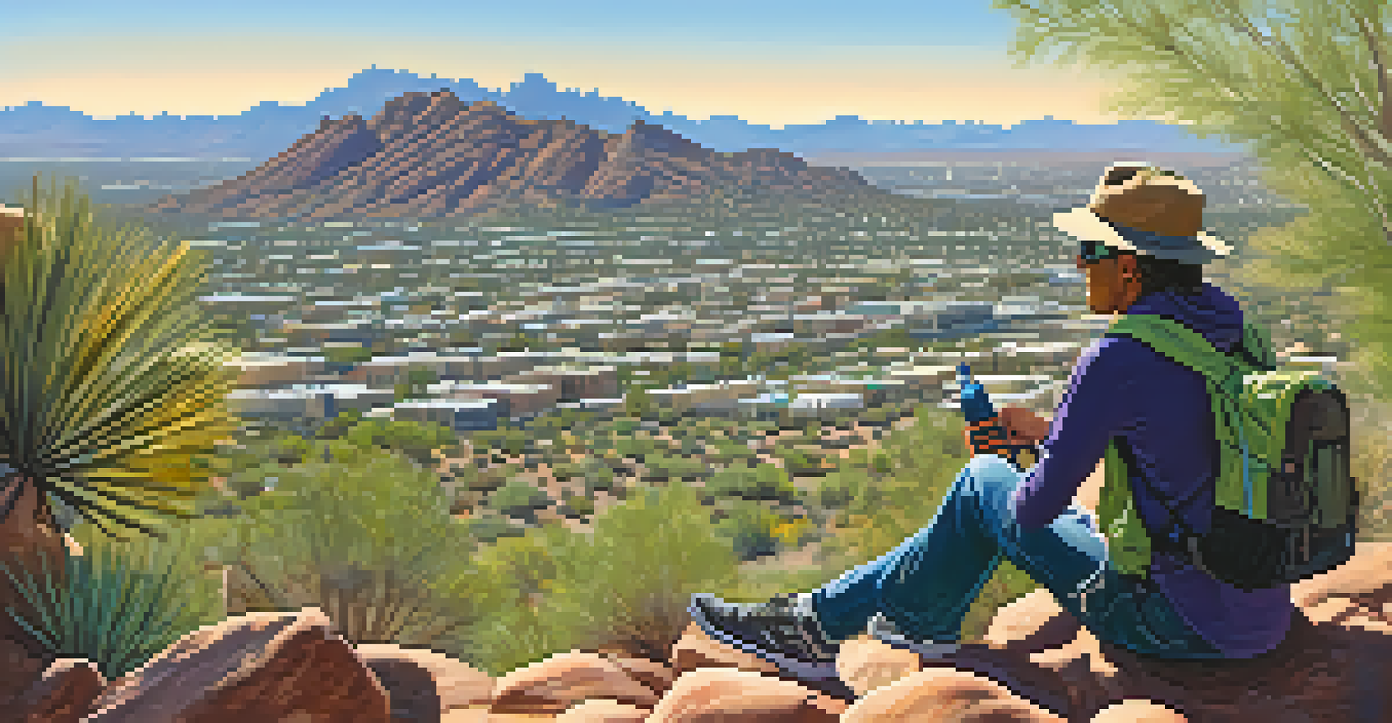 A beginner hiker resting on a rock at Camelback Mountain, overlooking the Phoenix skyline under bright sunlight.