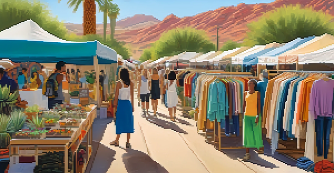 An outdoor sustainable fashion market in Phoenix with colorful stalls and diverse shoppers looking at eco-friendly clothing.