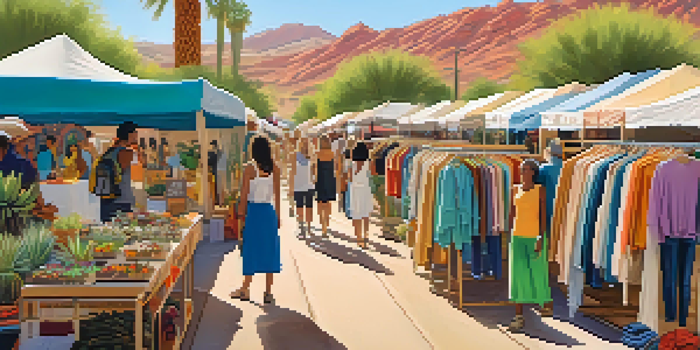 An outdoor sustainable fashion market in Phoenix with colorful stalls and diverse shoppers looking at eco-friendly clothing.