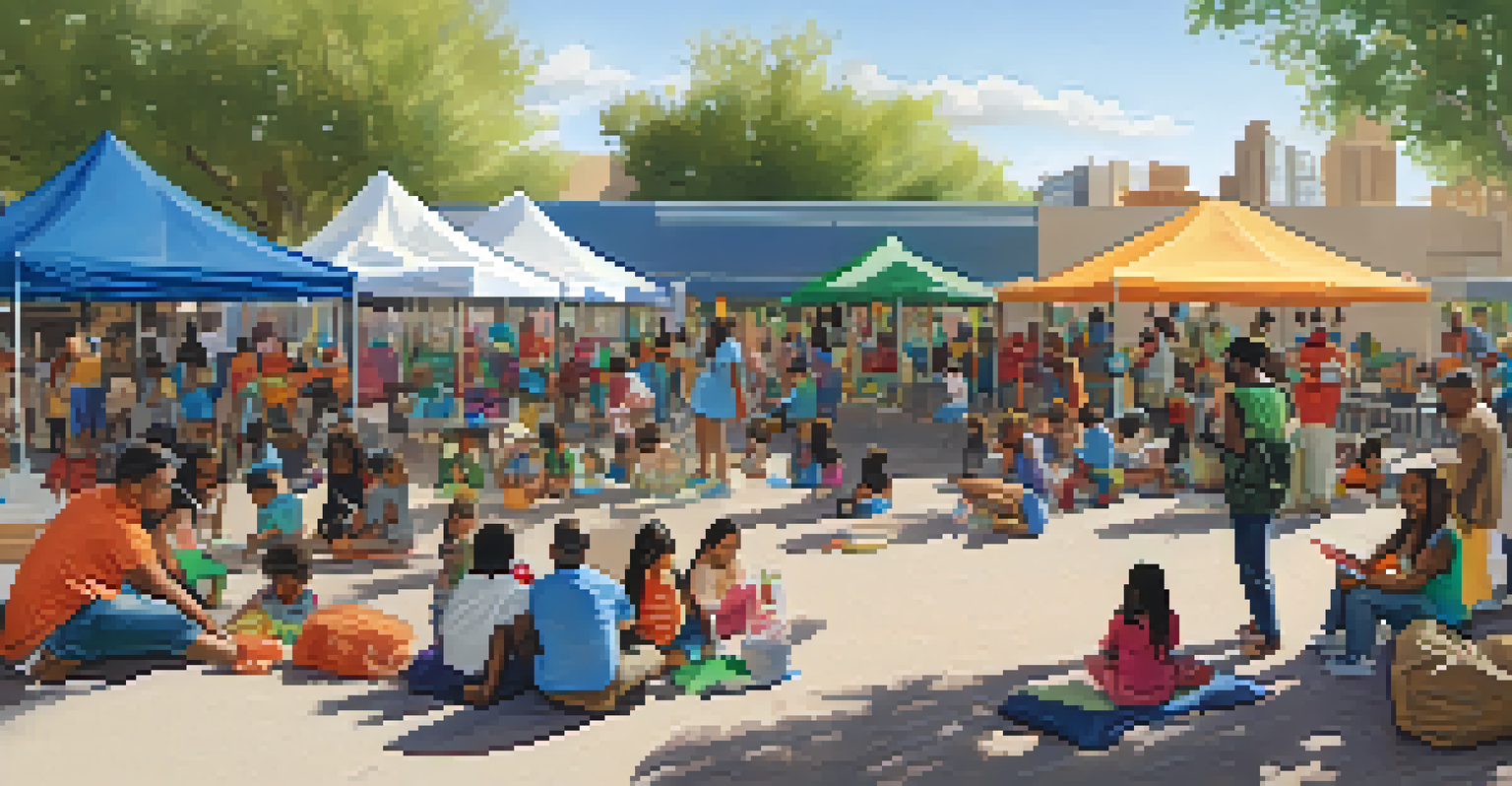 A lively outdoor library event with people of various backgrounds participating in activities, surrounded by colorful tents.