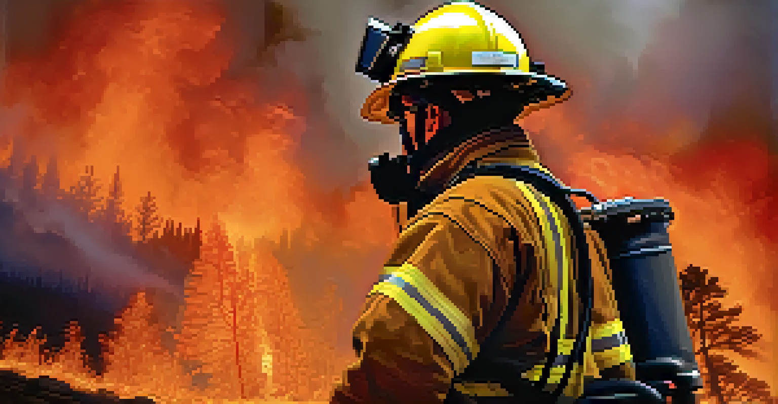 A firefighter using a thermal imaging camera to monitor a wildfire, with flames and smoke in the background.