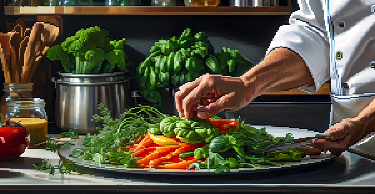 A chef's hands preparing a colorful plant-based dish in a modern kitchen, surrounded by fresh vegetables and herbs.