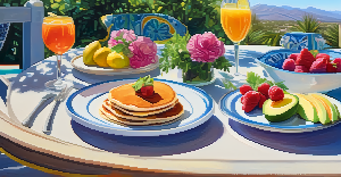 A beautifully arranged outdoor brunch table with pancakes, avocado toast, fruit, and a mimosa, surrounded by greenery on a sunny day.