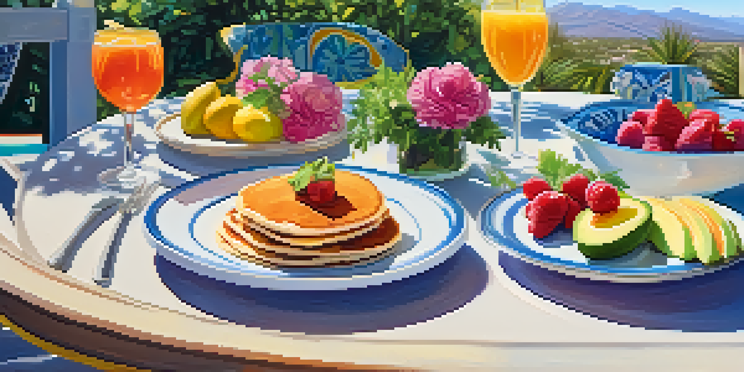 A beautifully arranged outdoor brunch table with pancakes, avocado toast, fruit, and a mimosa, surrounded by greenery on a sunny day.