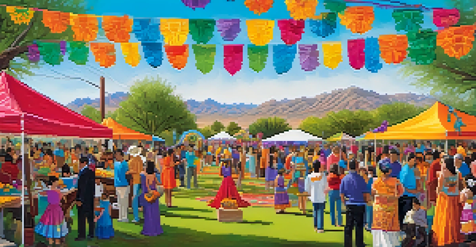 A lively scene of a Día de los Muertos celebration in Phoenix, with people in traditional attire and colorful decorations in a sunny park.