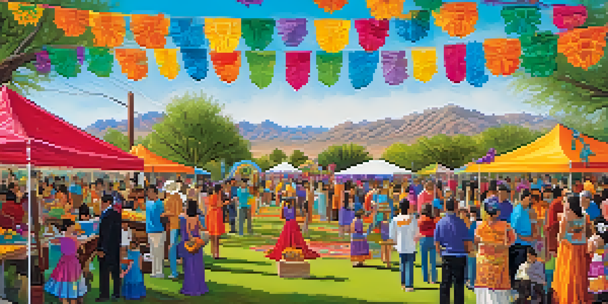 A lively scene of a Día de los Muertos celebration in Phoenix, with people in traditional attire and colorful decorations in a sunny park.