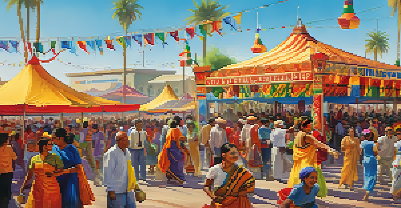 A vibrant cultural festival in Phoenix featuring diverse groups celebrating around a railway station with colorful tents and traditional dances.