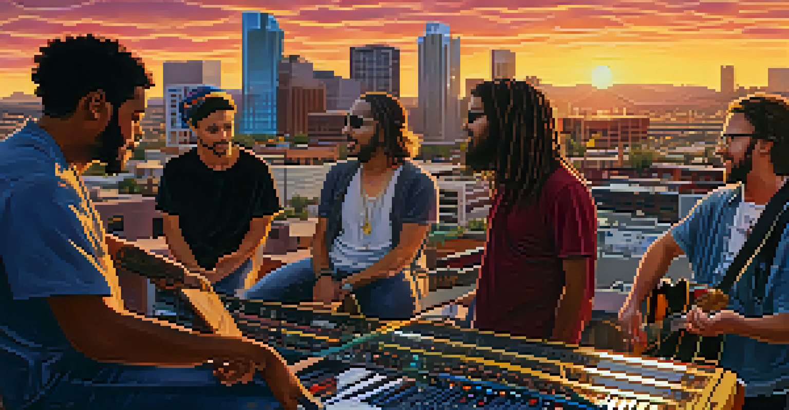 Musicians from different genres collaborate on a rooftop at sunset in Phoenix, with the city skyline in the background.