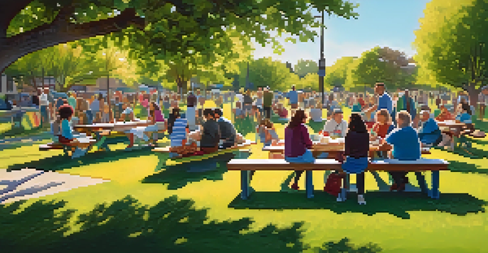 A diverse group of residents in a Phoenix park discussing community issues around a picnic table, with banners and greenery in the background.