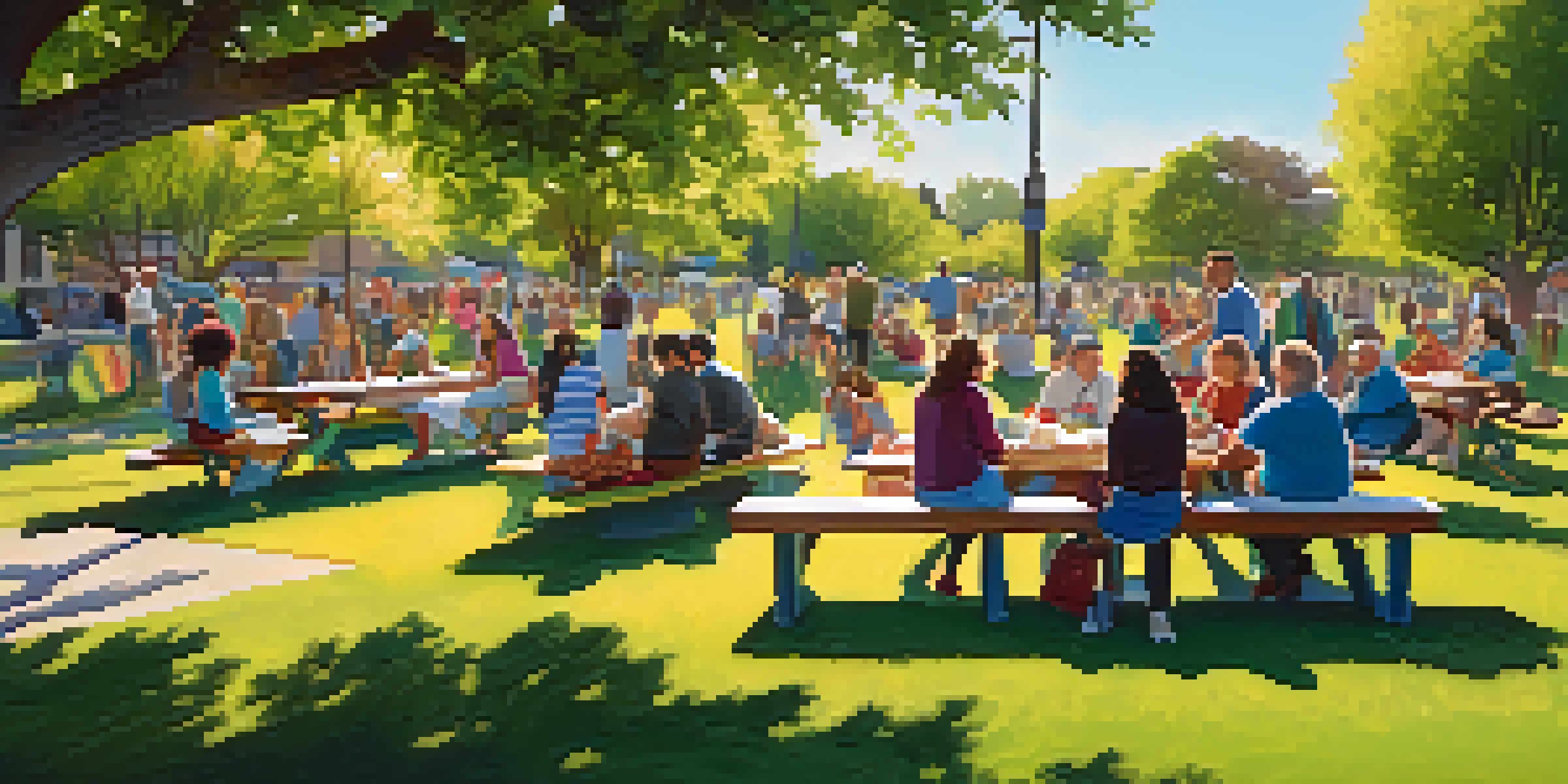 A diverse group of residents in a Phoenix park discussing community issues around a picnic table, with banners and greenery in the background.