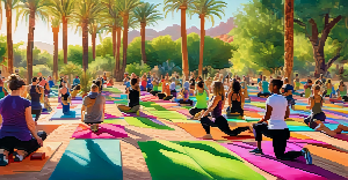 A group of diverse individuals practicing yoga outdoors in a sunny park with a desert backdrop.