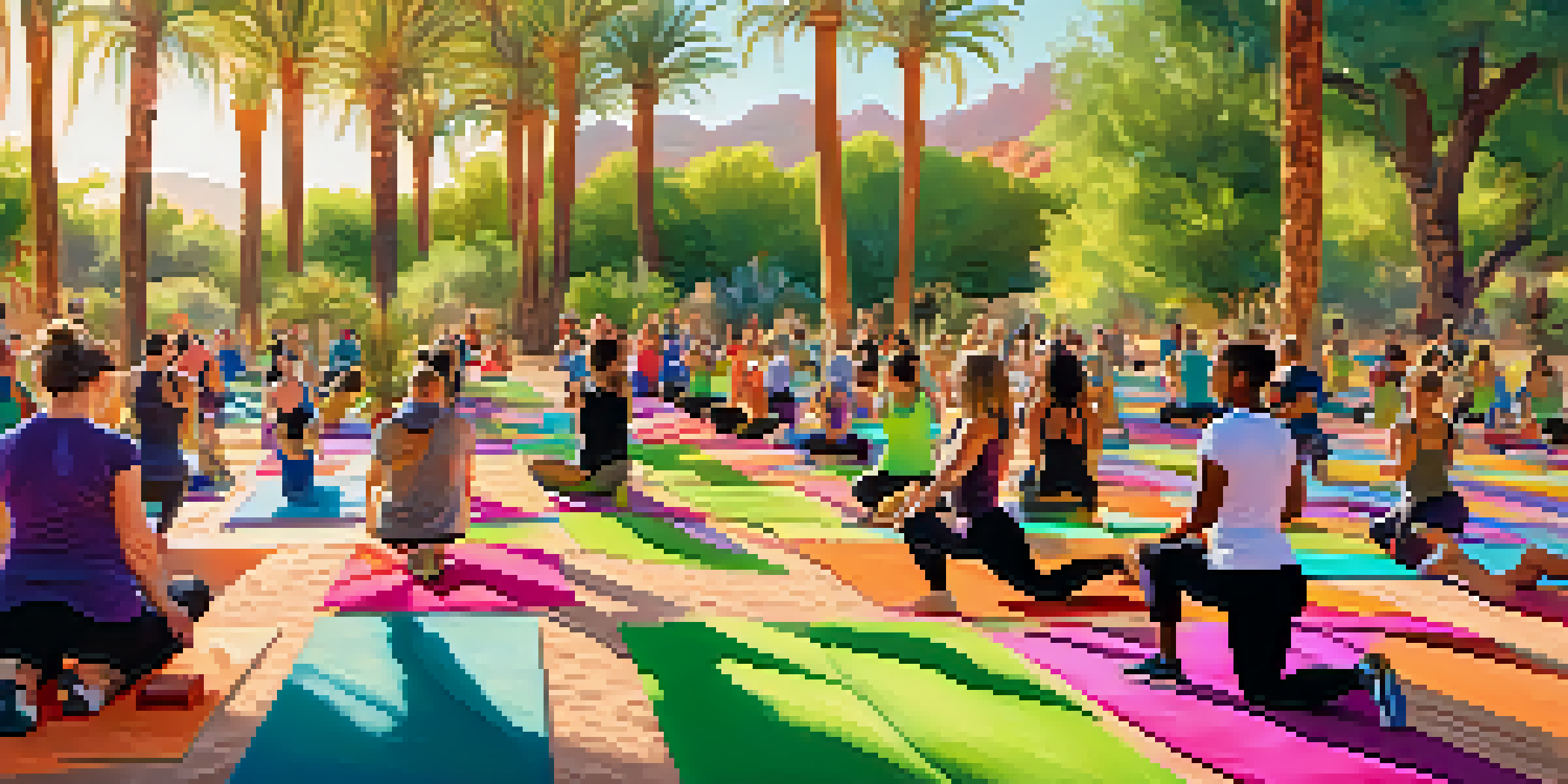 A group of diverse individuals practicing yoga outdoors in a sunny park with a desert backdrop.