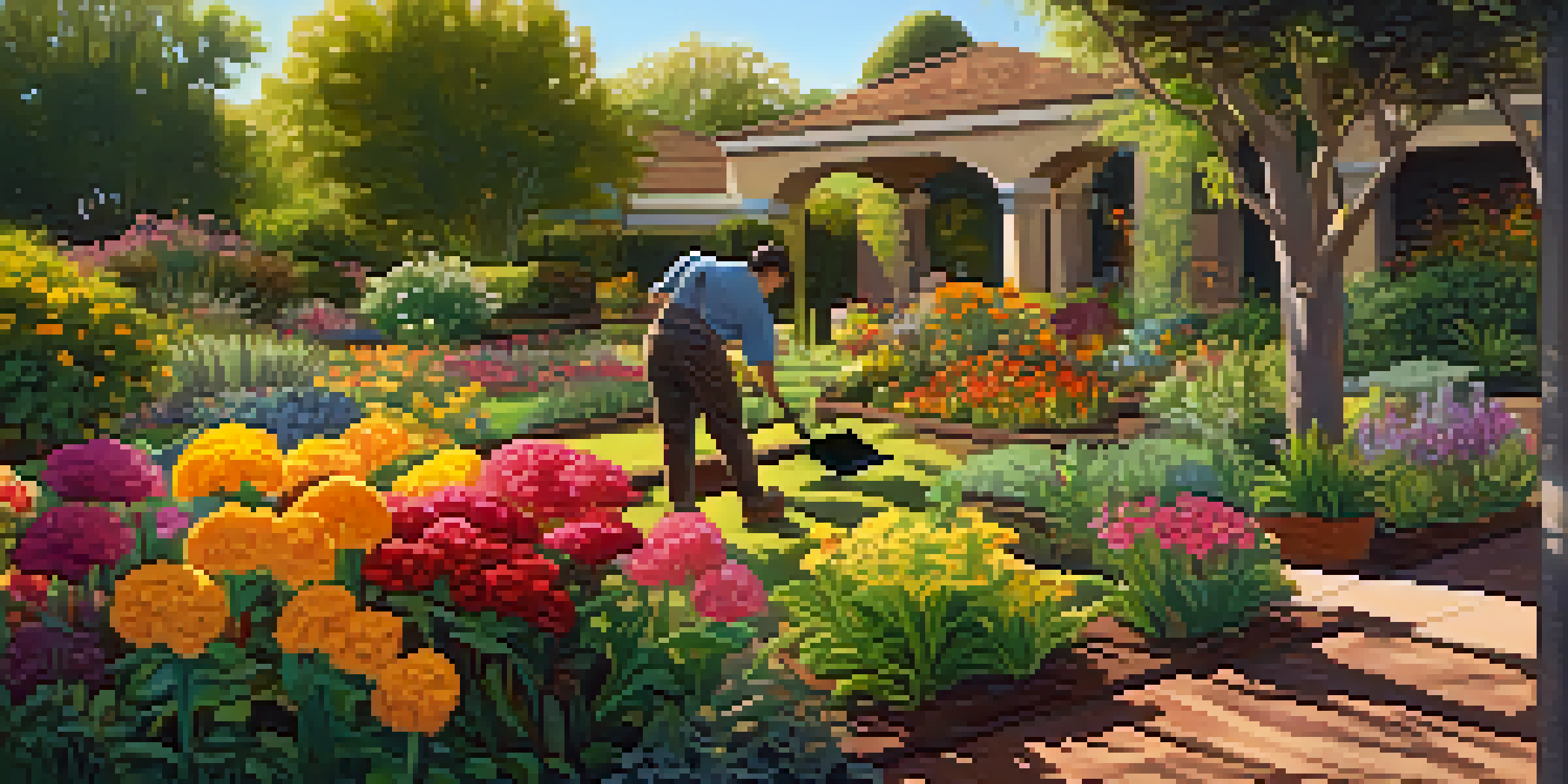 A gardener adding compost to healthy soil in a vibrant Phoenix garden filled with lush plants and colorful flowers, under warm afternoon sunlight.