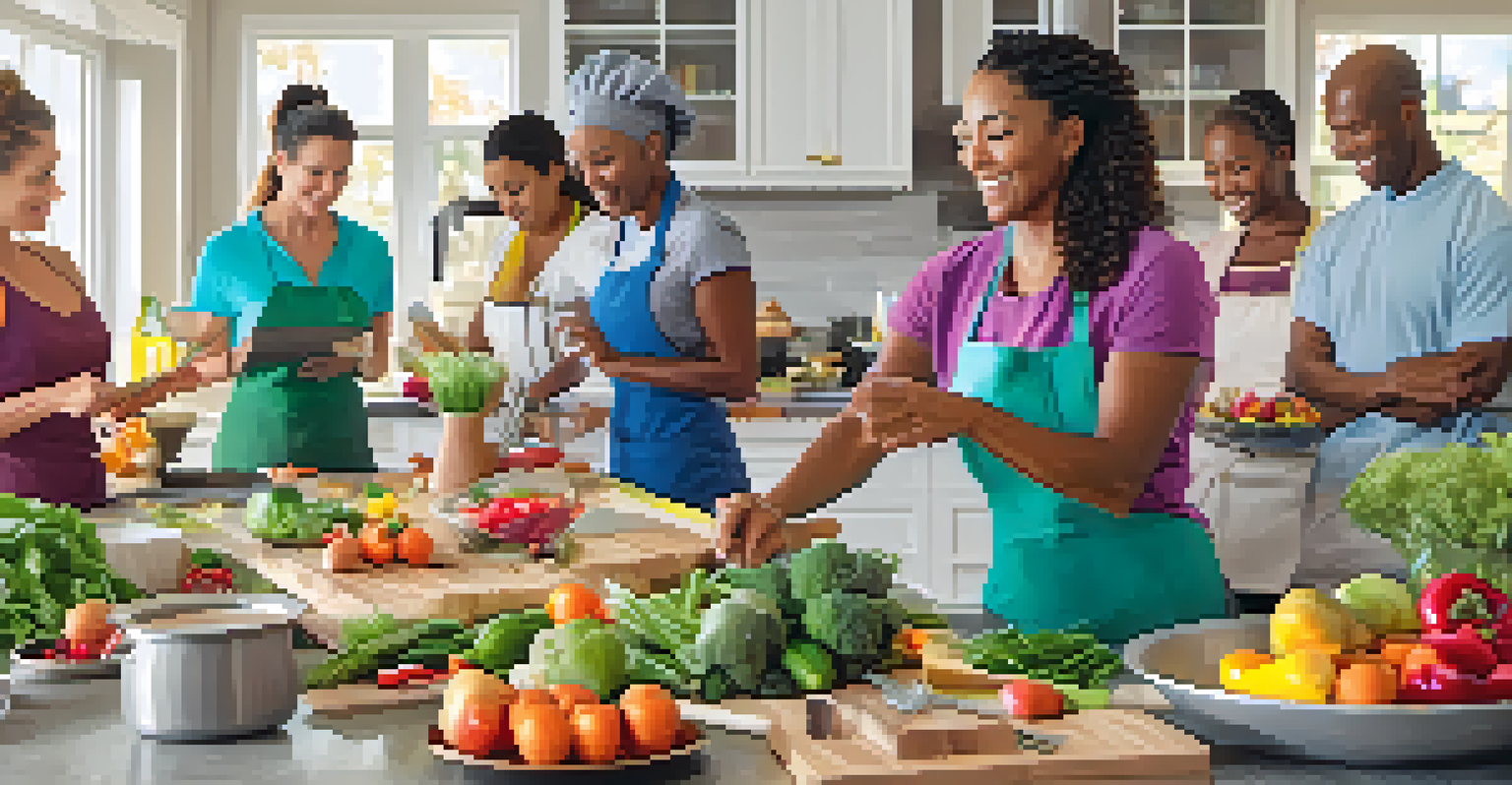 Participants in a cooking class preparing healthy meals at a fitness retreat, surrounded by fresh fruits and vegetables.