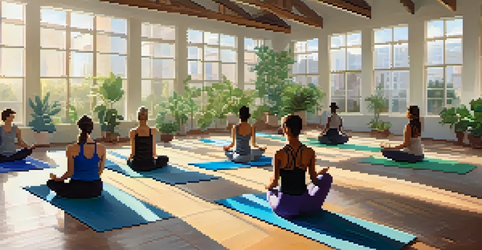 A yoga class in a bright and peaceful gym with diverse participants practicing poses under natural light.