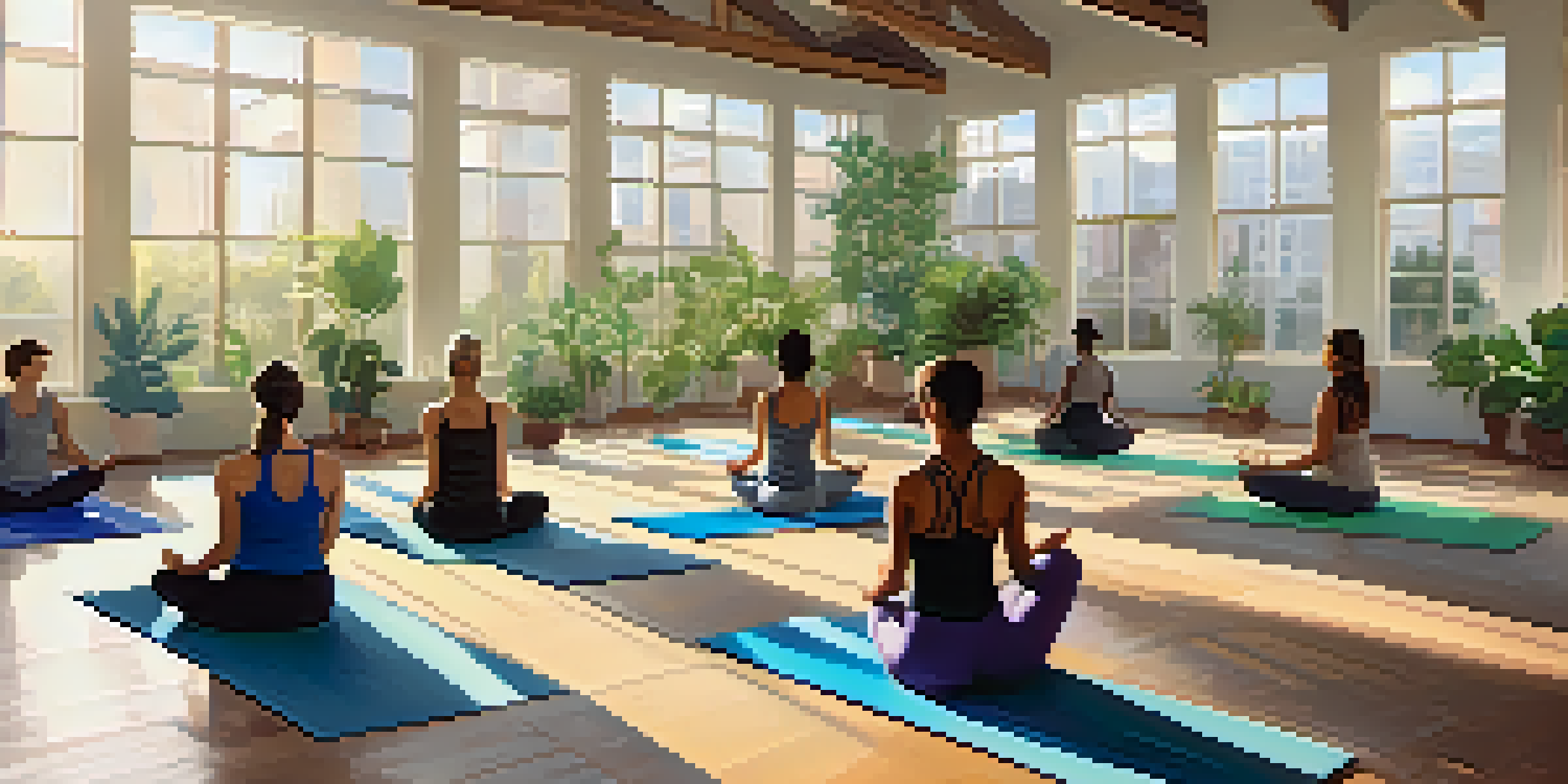 A yoga class in a bright and peaceful gym with diverse participants practicing poses under natural light.