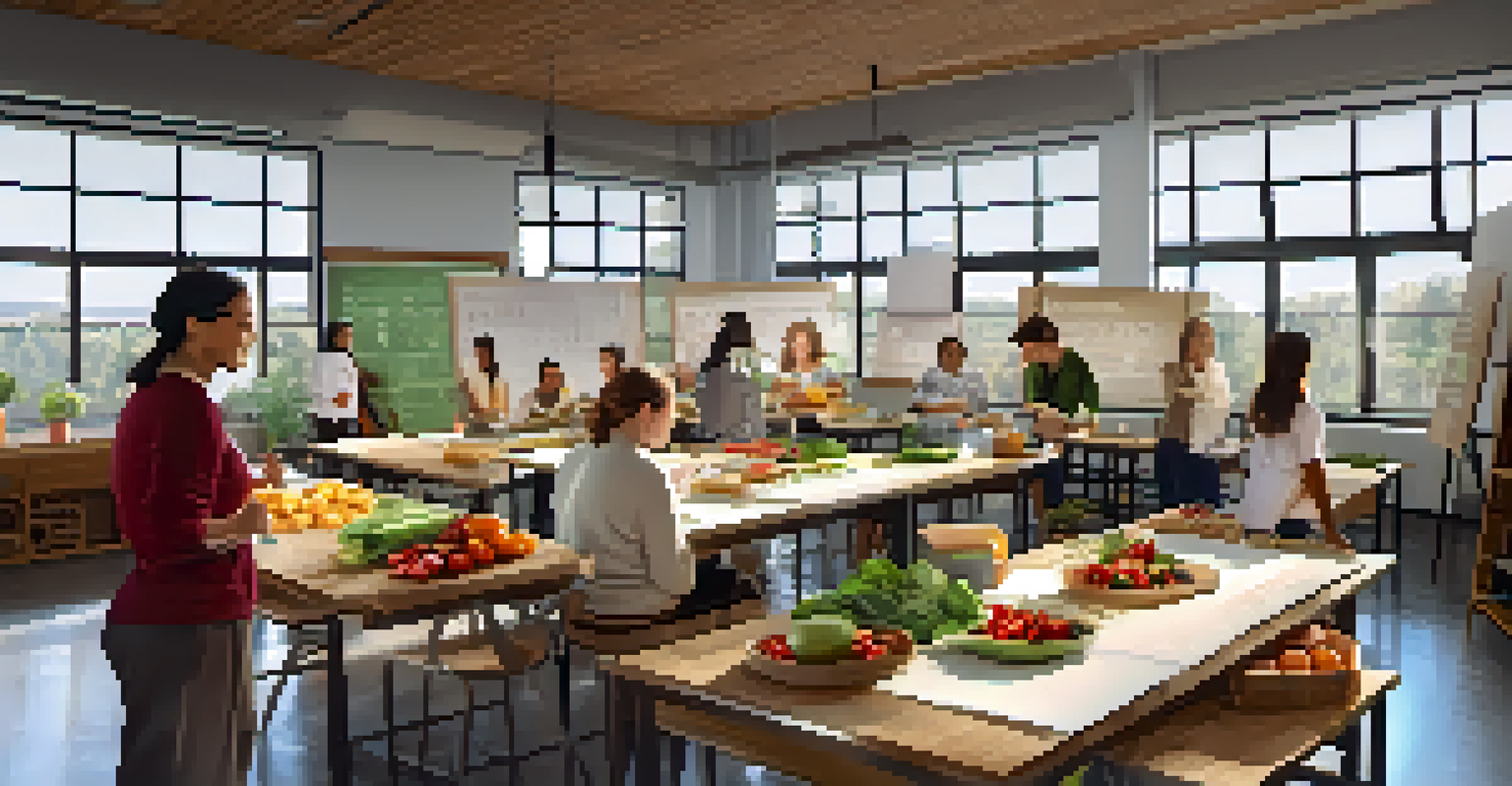 An engaging nutrition education workshop in a classroom setting, with an instructor teaching cooking techniques to interested participants.