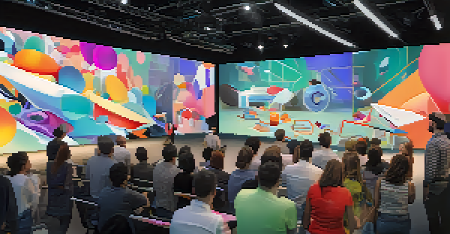 A designer presenting augmented reality graphics in a modern setting, with an engaged audience.