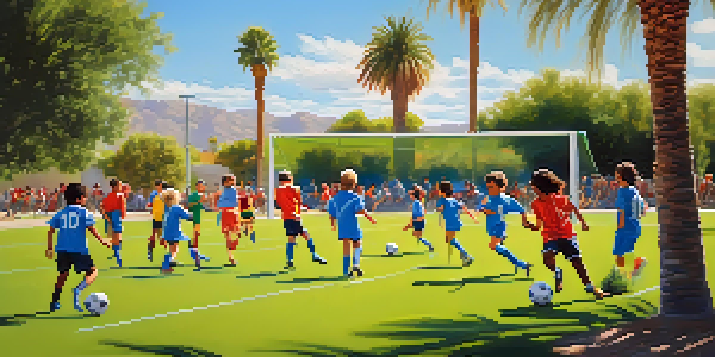 A diverse group of children playing soccer in a sunny park, with bright jerseys and cheering parents in the background.