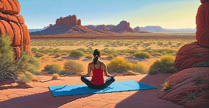 A person practicing yoga at sunrise in Phoenix, with red rock formations in the background and a clear blue sky.